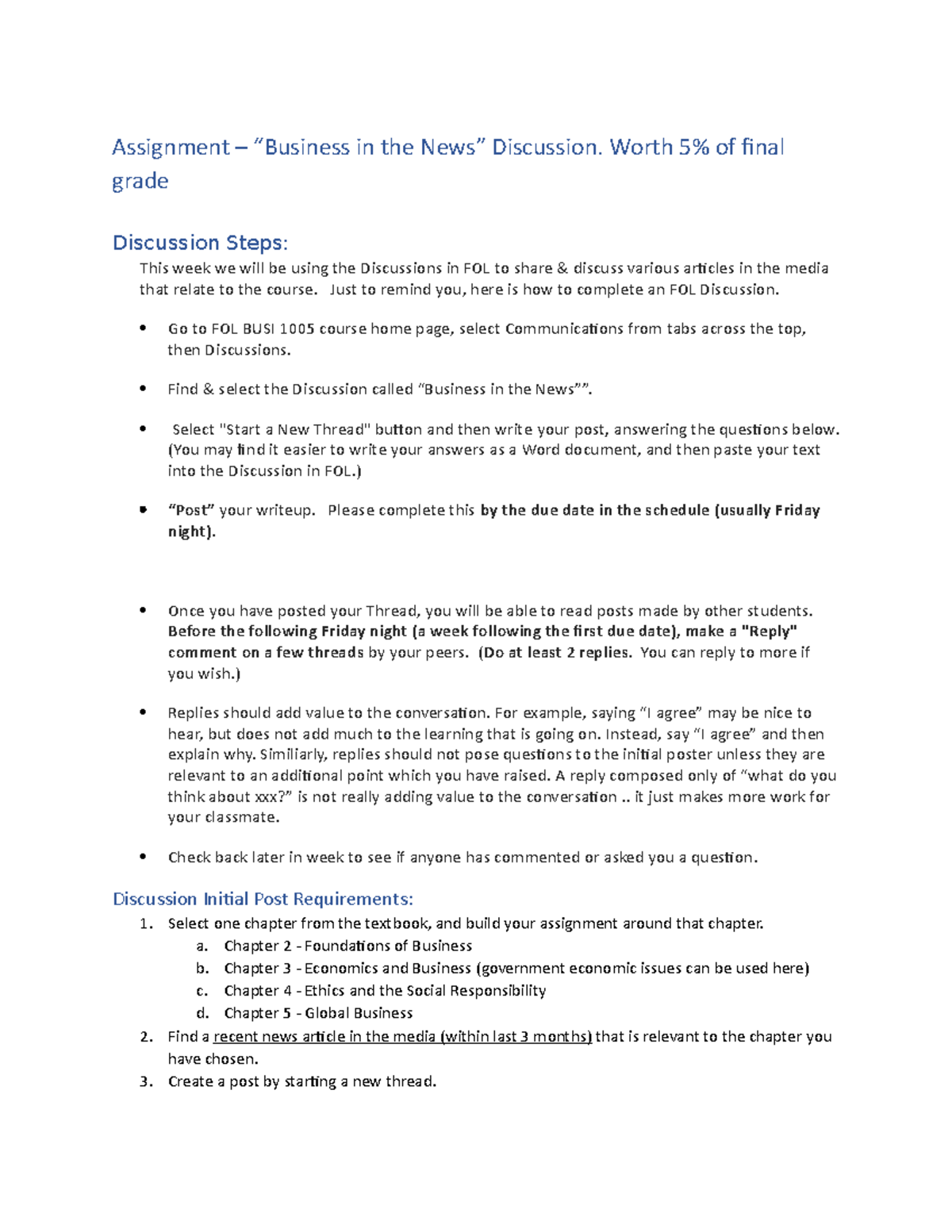 BUSI 1005 Assignment: Discussion on Business in the News Articles - Studocu