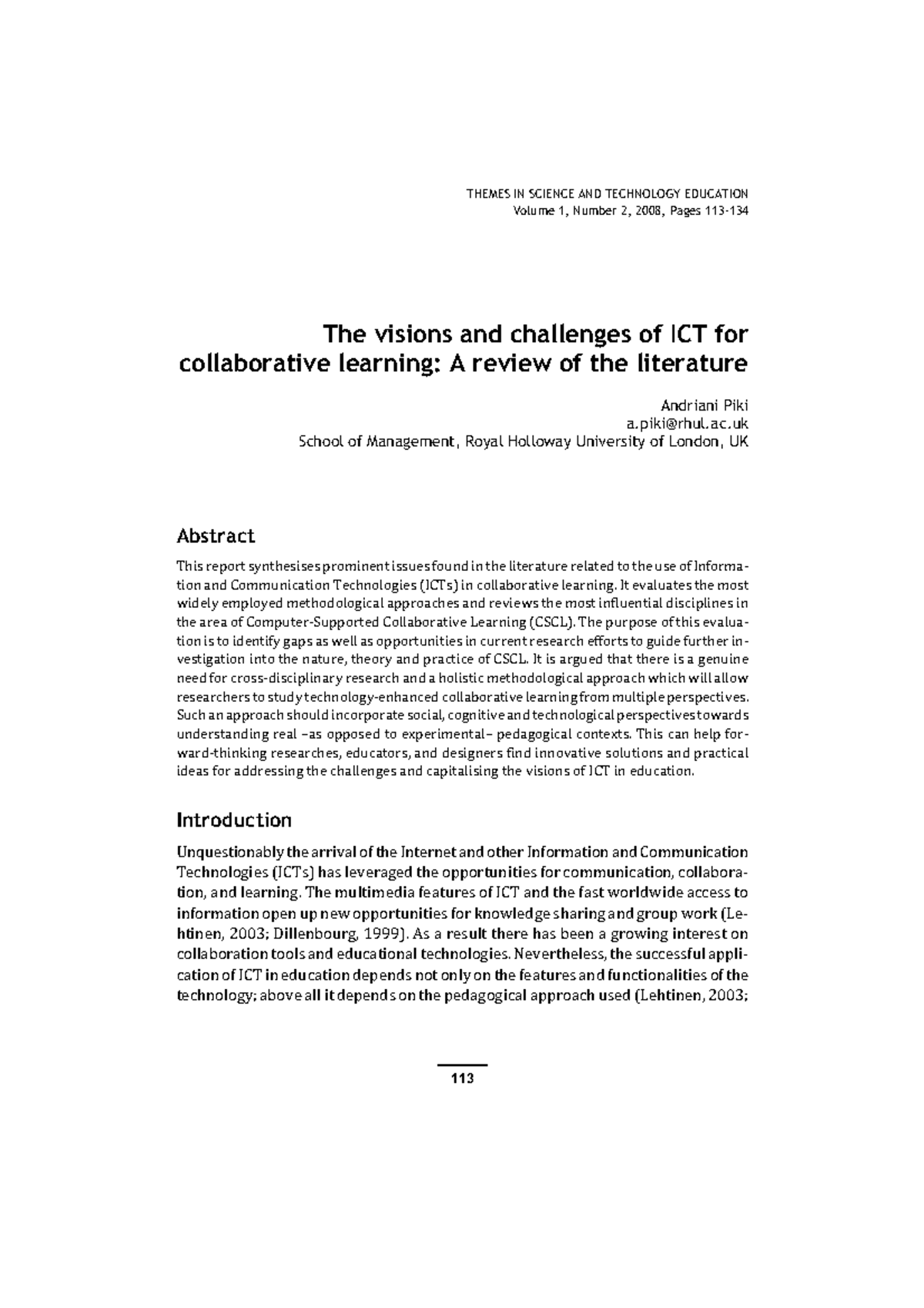 EJ1131495 - Literature Review on ICT and Collaborative Learning - Studocu