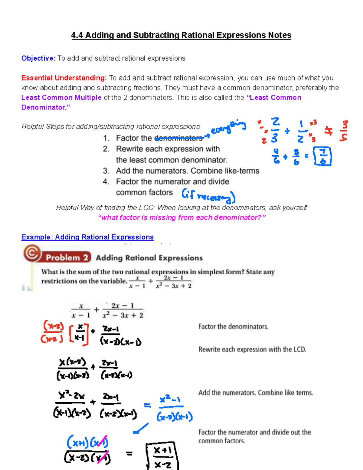 4.4 Adding and Subtracting Rational Expressions Notes - They must have ...