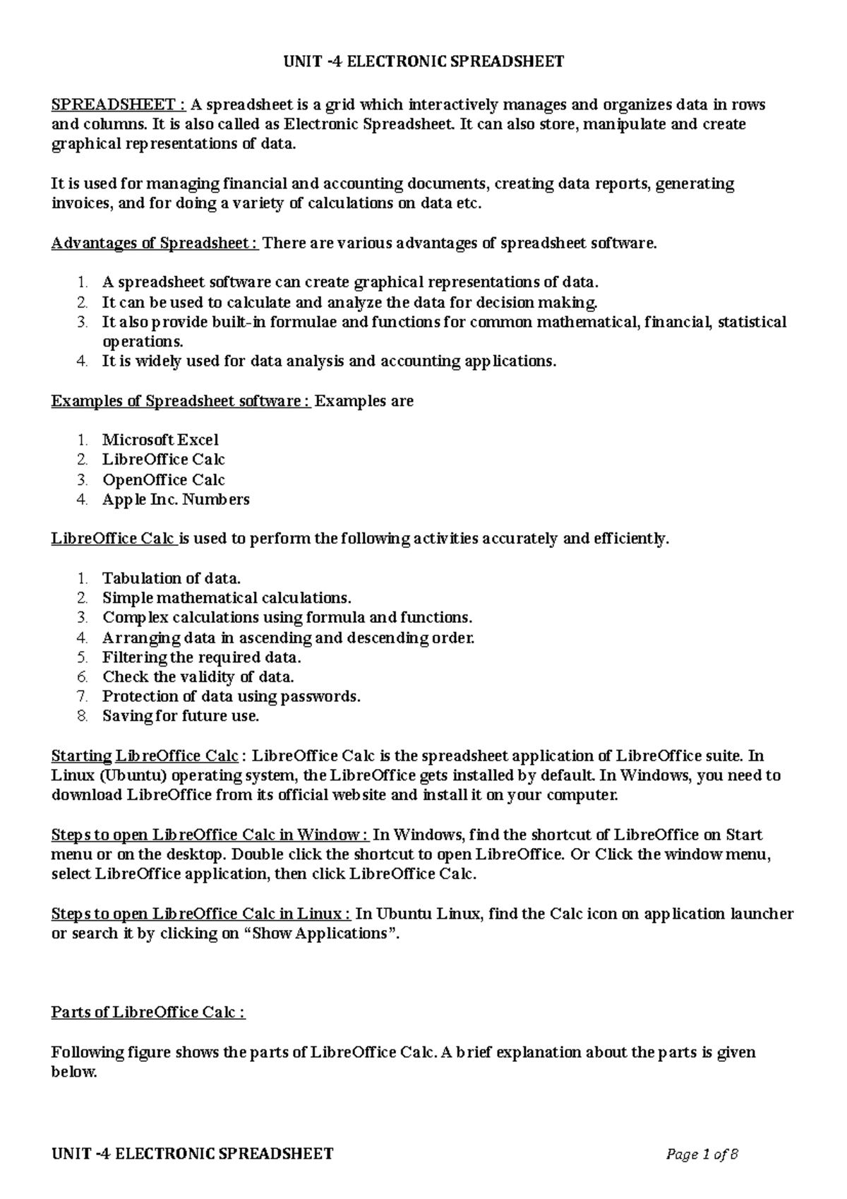 UNIT 4 Electronic Spreadsheet Question Bank - Class 9 Study Guide - Studocu