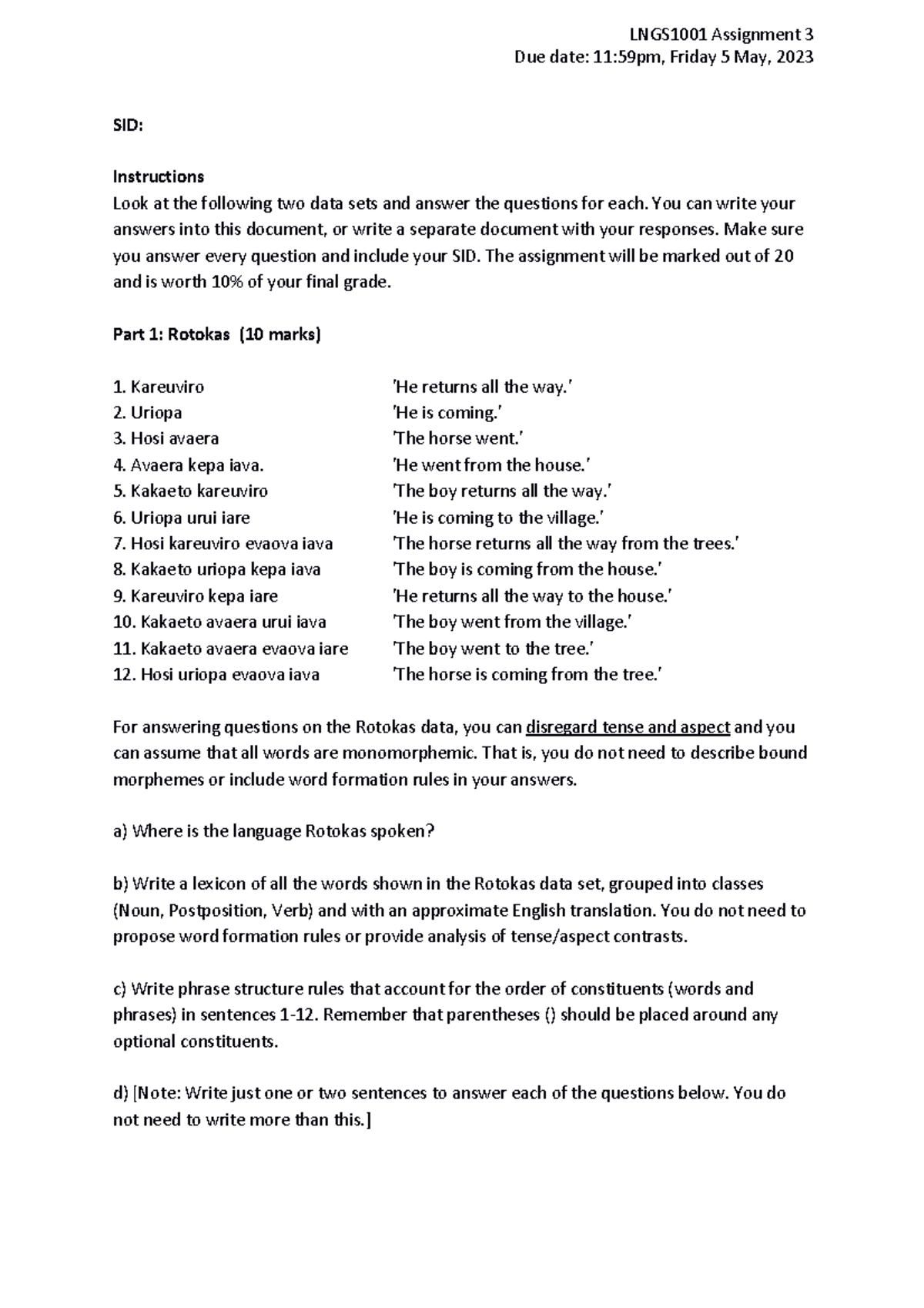 LNGS1001 Assignment 3: Syntax Analysis and Questions 2023 - Studocu