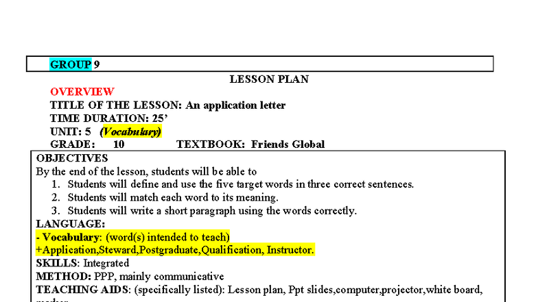 GROUP 9 LESSON PLAN: Application Letter Vocabulary (Grade 10) - Studocu