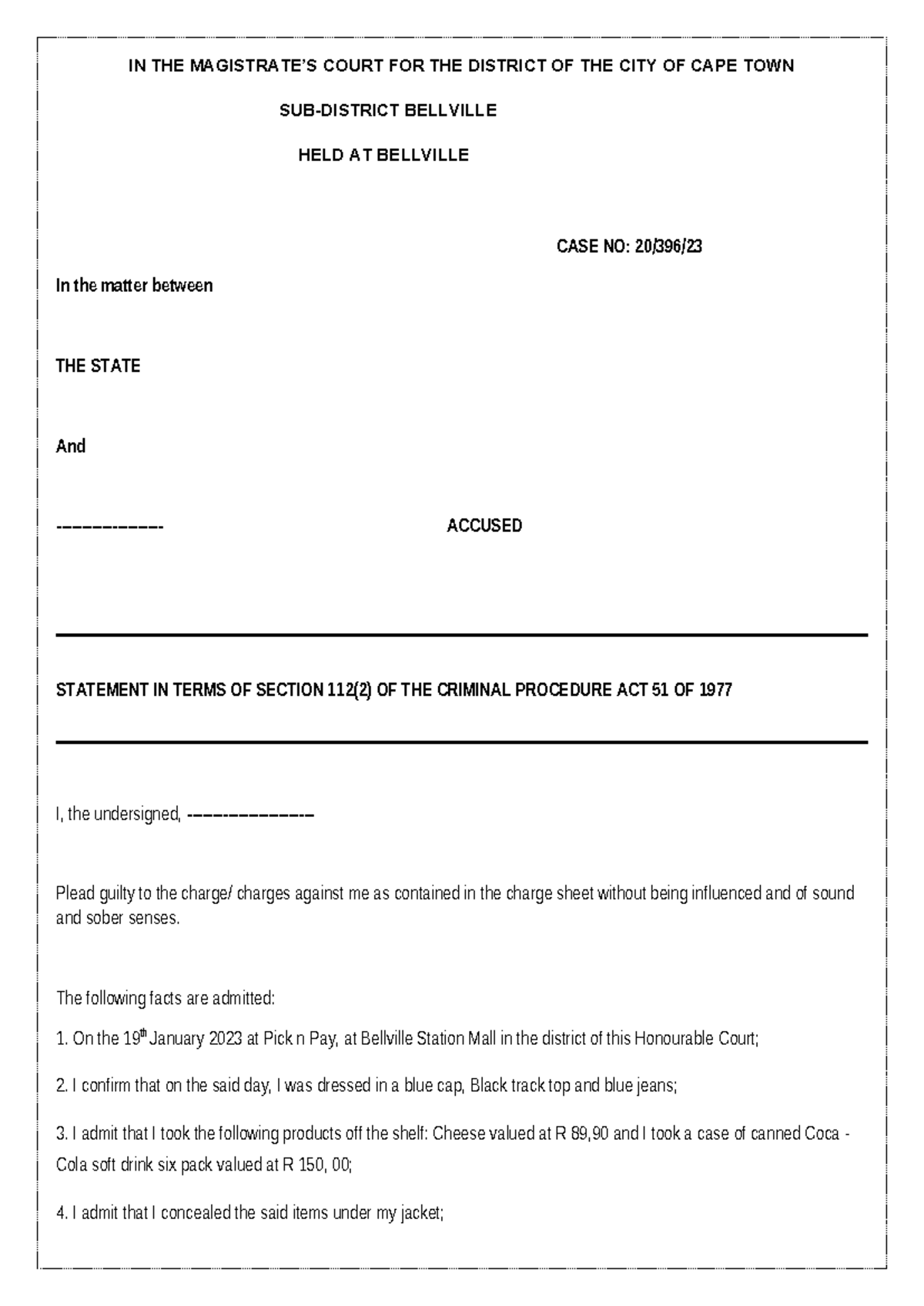 Plea Statement in Terms of Section 112(2) - Case No: 20/396 - Studocu