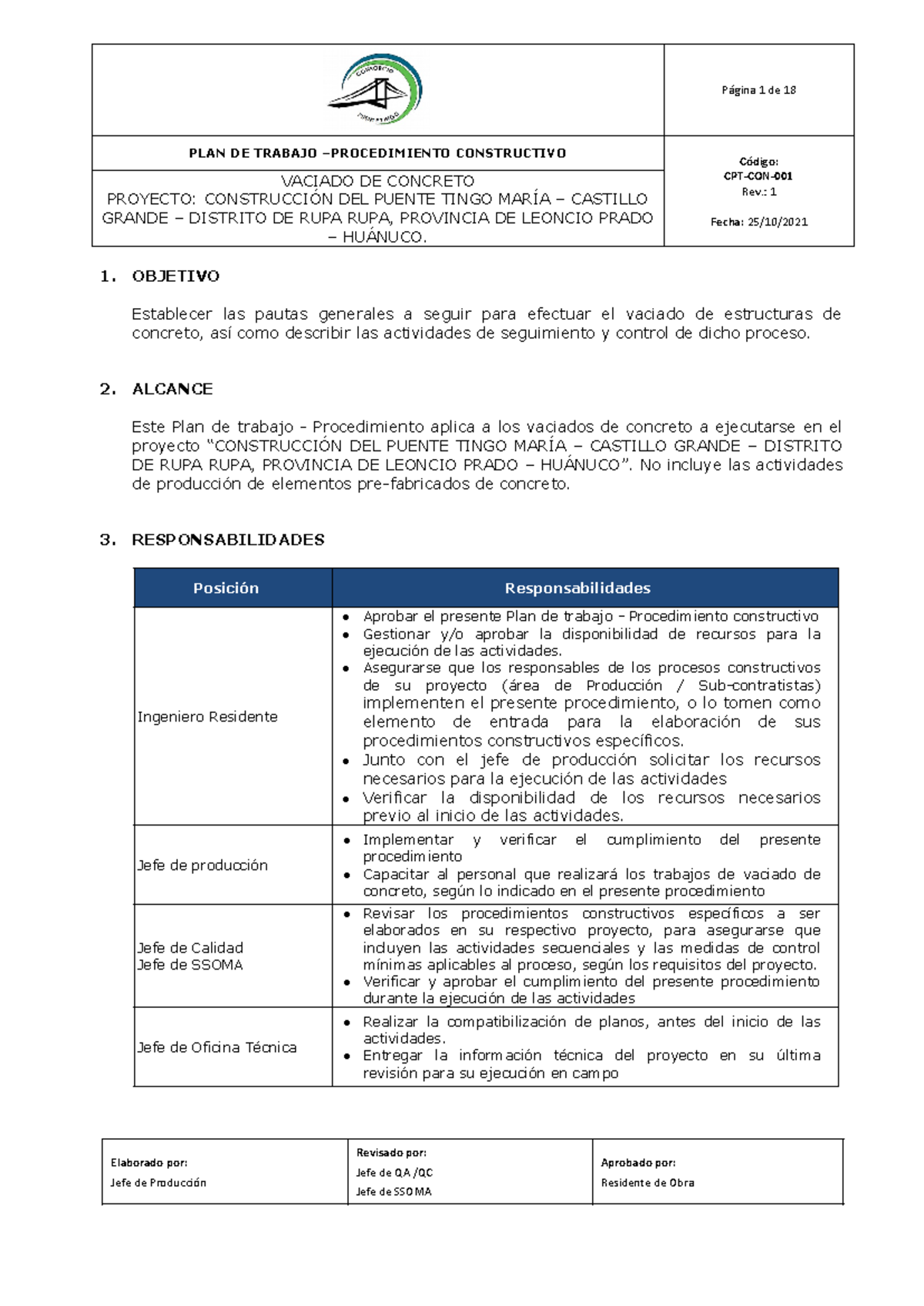 CPT-CON-1 Plan de Trabajo para el Vaciado de Concreto en Puente Tingo María - Document Preview