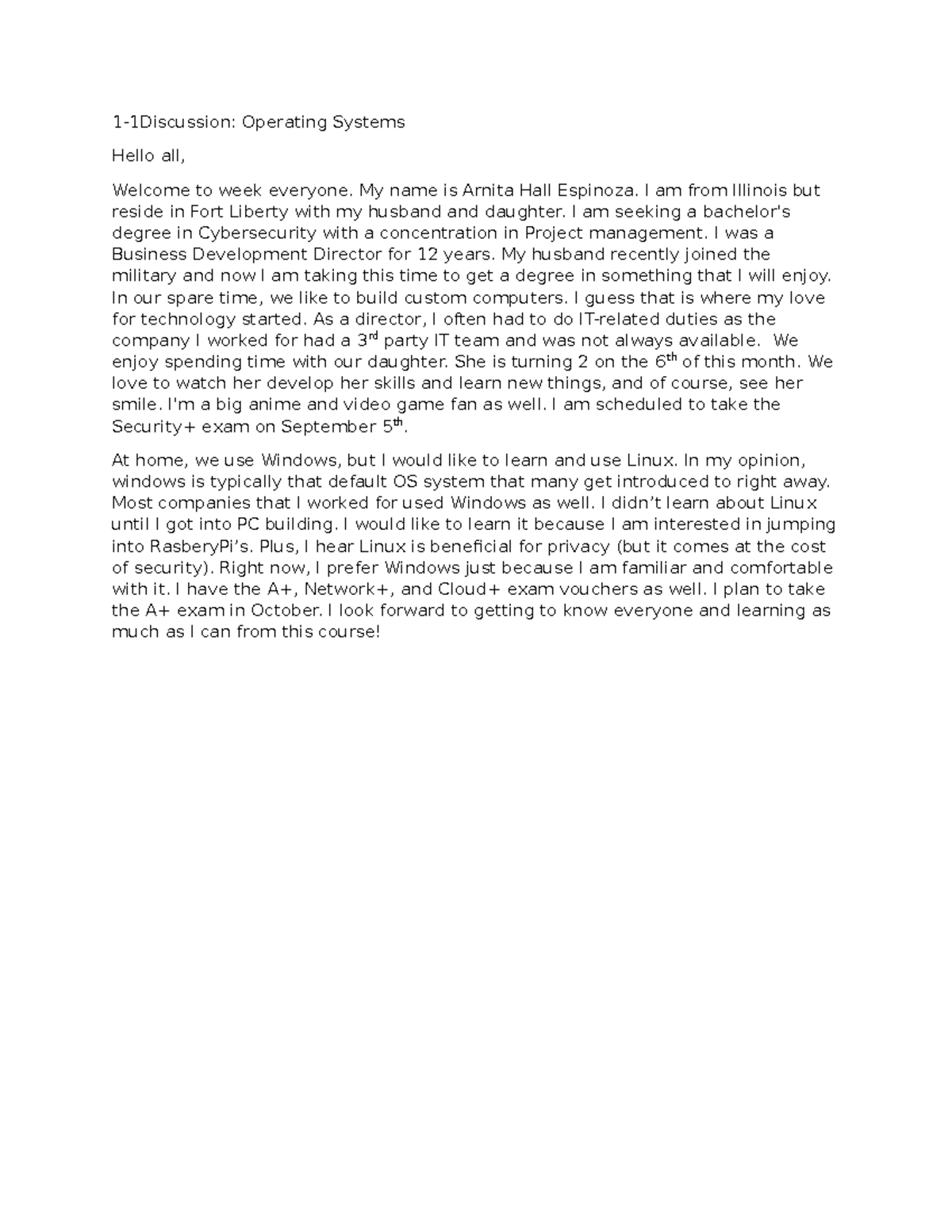 1-1 Discussion: Exploring Operating Systems and Personal Insights - Studocu