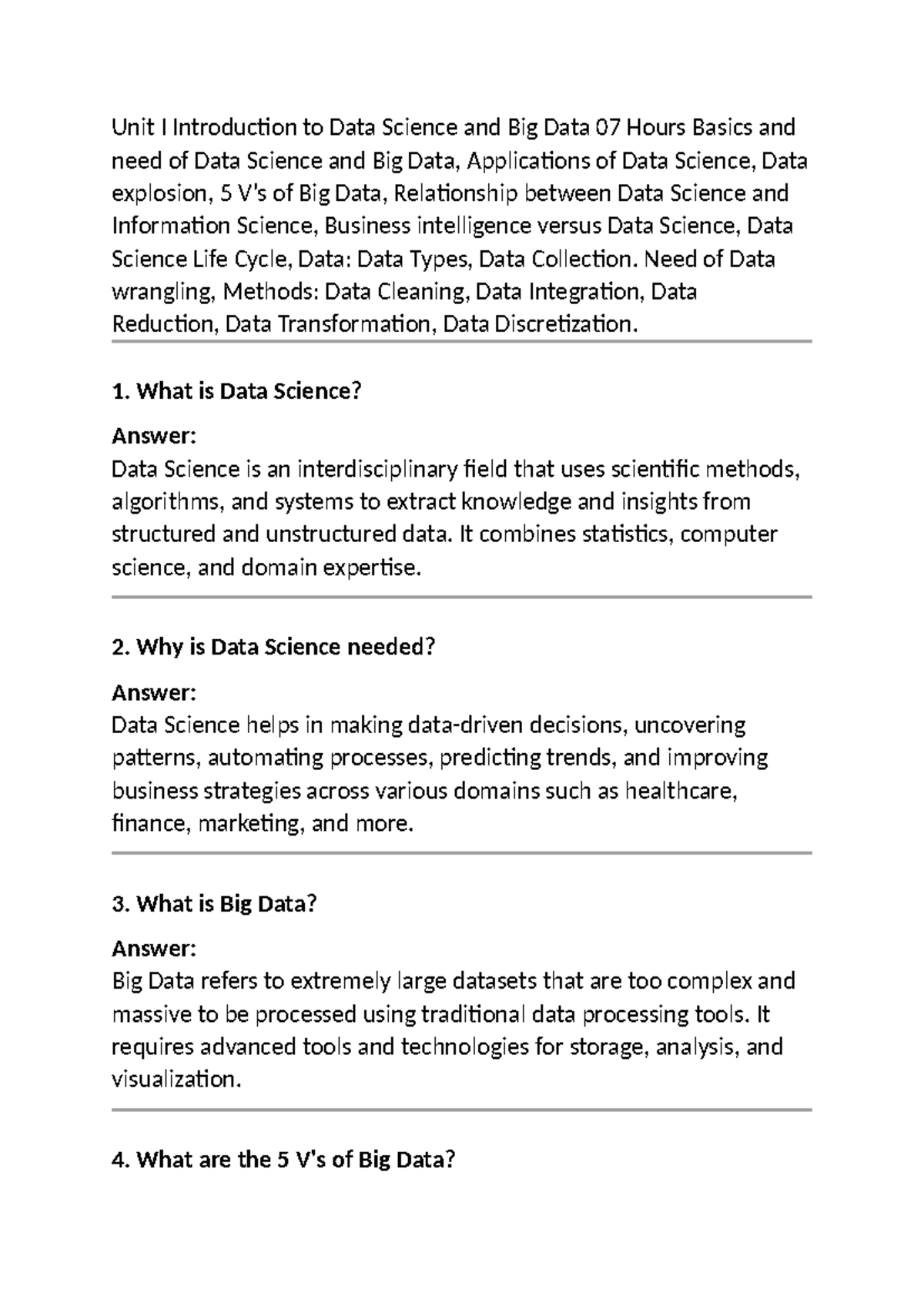 Unit I Introduction to Data Science and Big Data: Key Concepts and ...