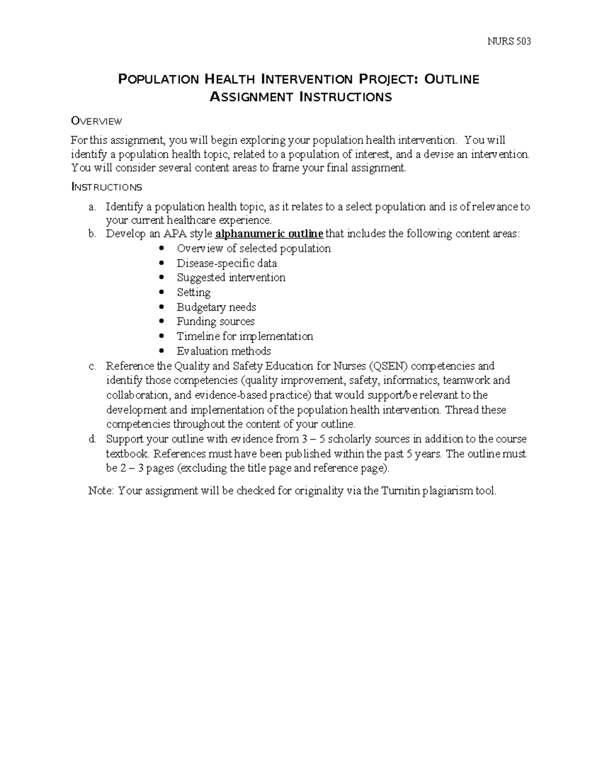 NURS 503 Week 4 Population Health Intervention Project Outline - Studocu