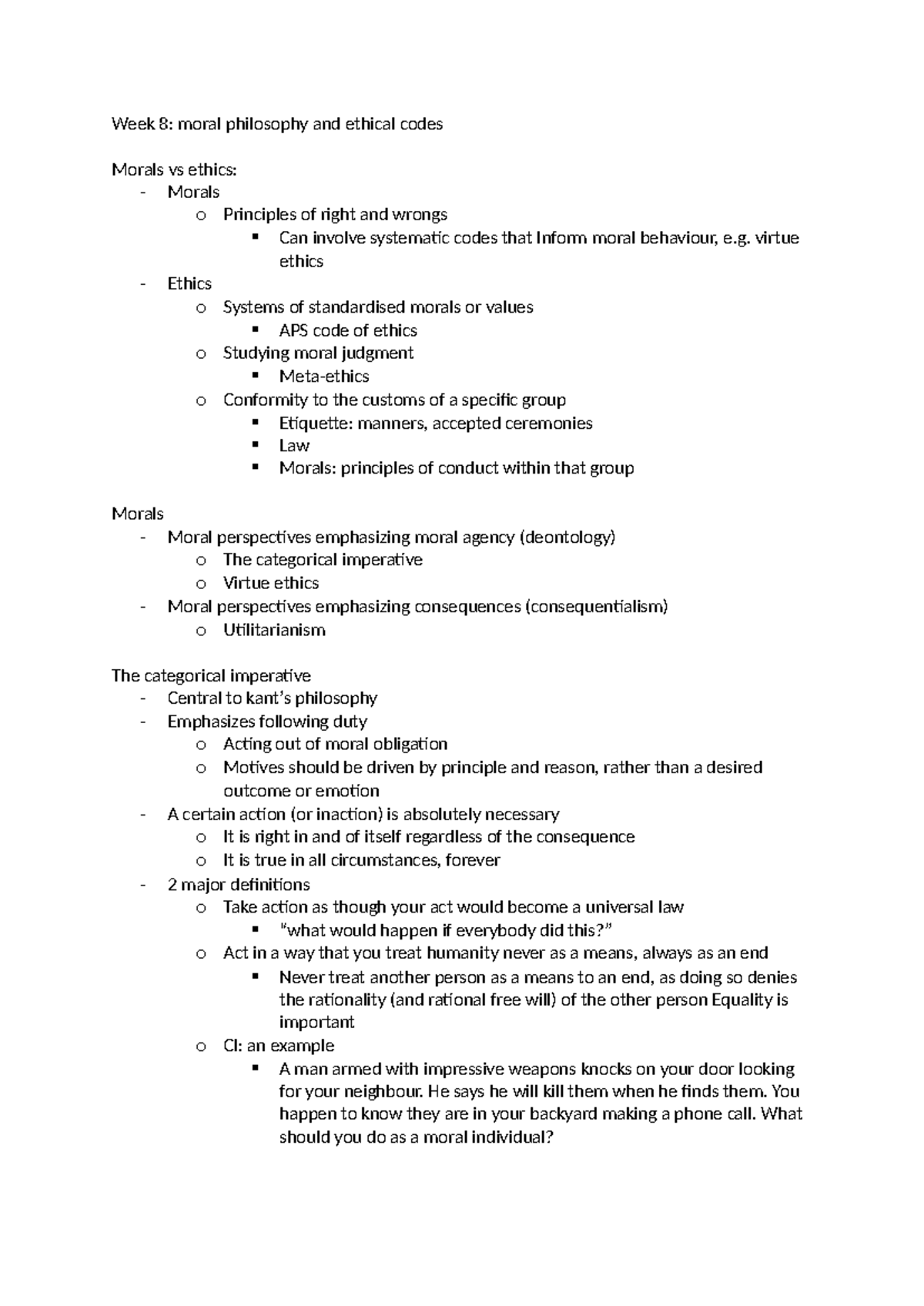 PSYC3011: Week 8 - Moral Philosophy and Ethical Codes Overview - Studocu