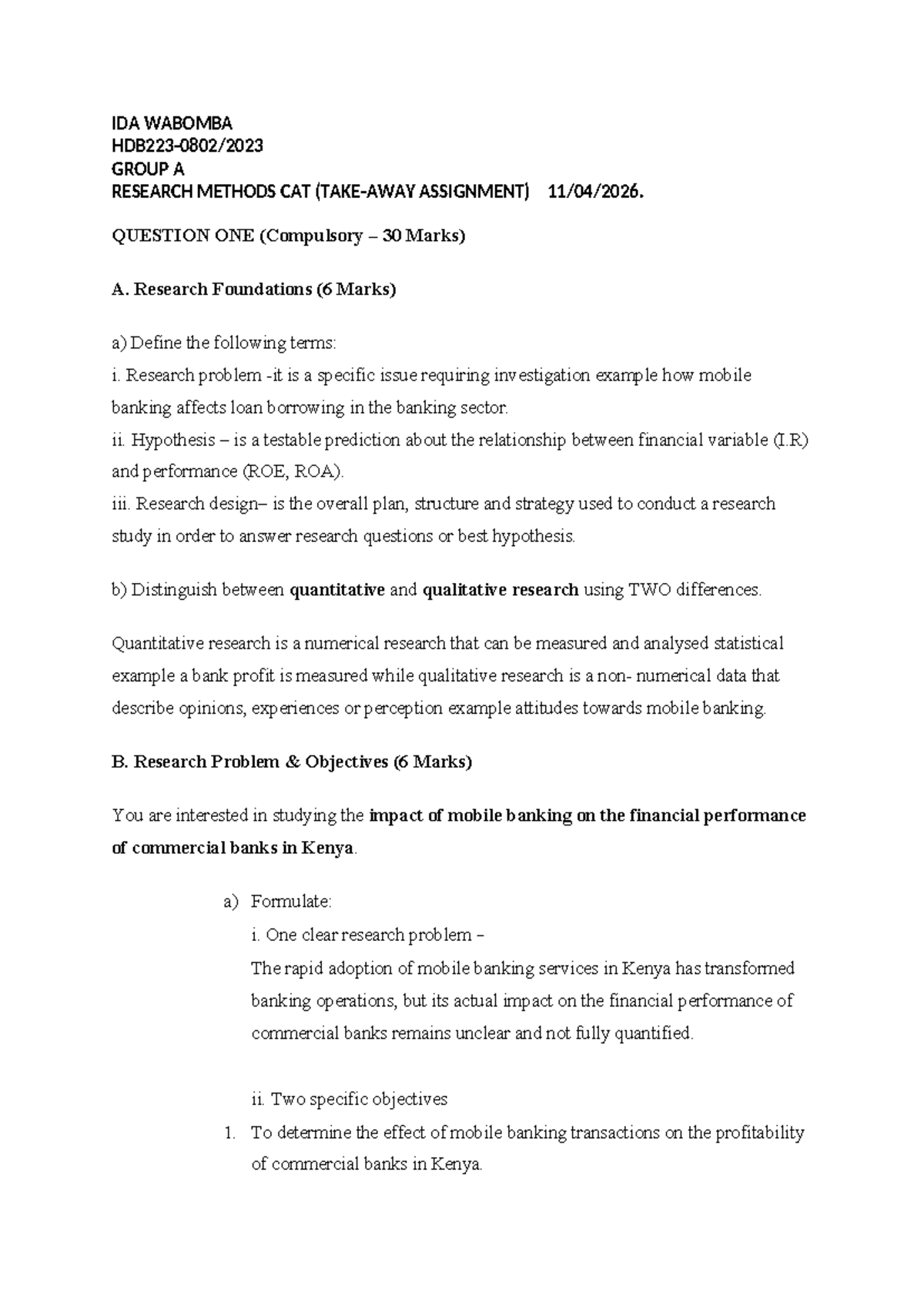 Research Methods CAT 3.2 B&F: Impact of Mobile Banking on Financial ...
