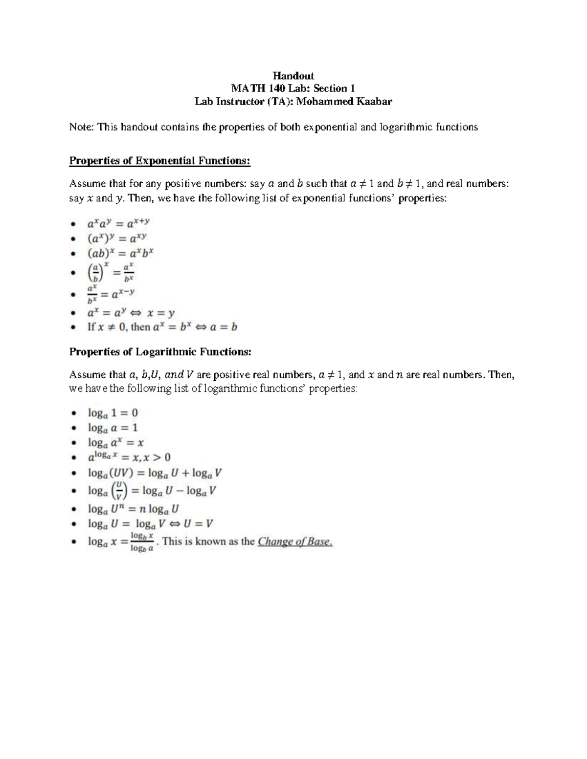 MATH 140 Lab: Exponential & Logarithmic Functions Review - Studocu