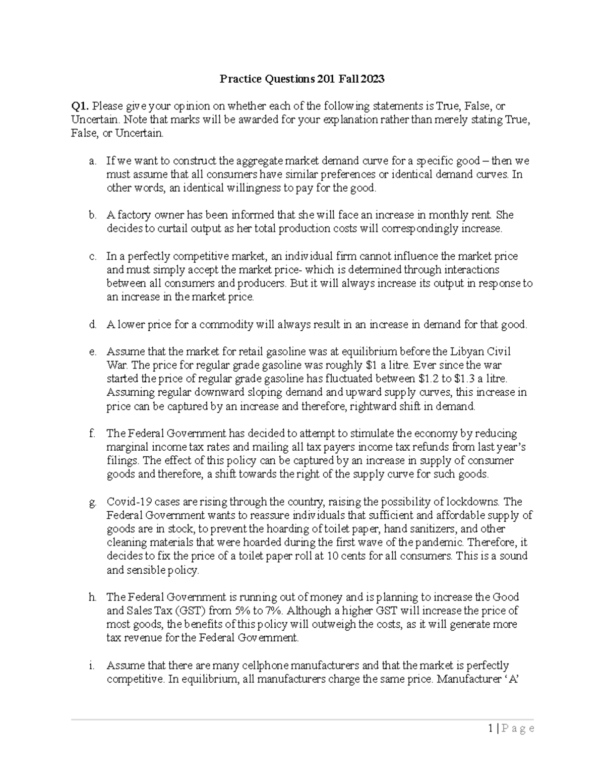 Fall 2023 ECON 201 Practice Questions and Answers Guide - Studocu