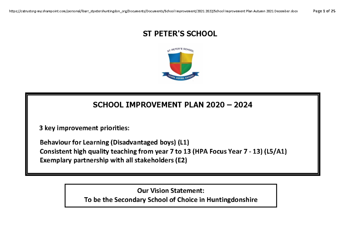 School Improvement Plan Autumn 2021 December - ST PETER'S SCHOOL SCHOOL ...