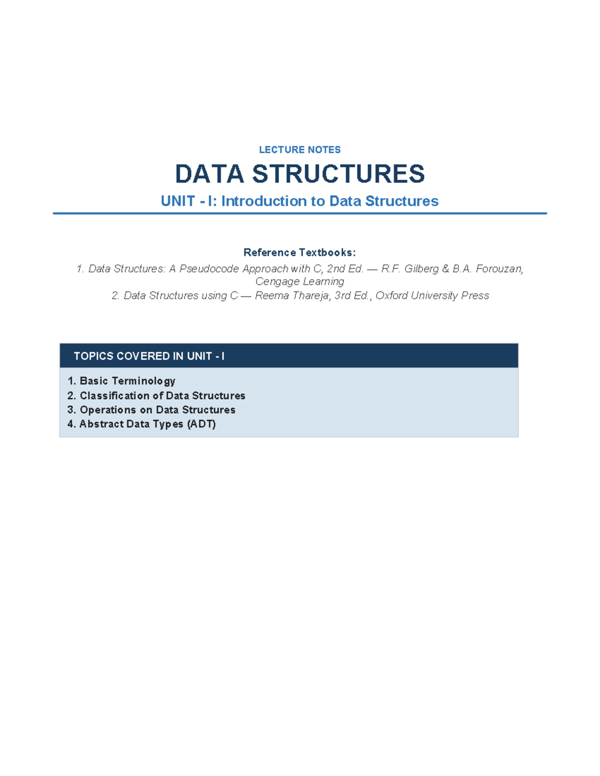 Unit I: Data Structures Lecture Notes (CS101) - Studocu