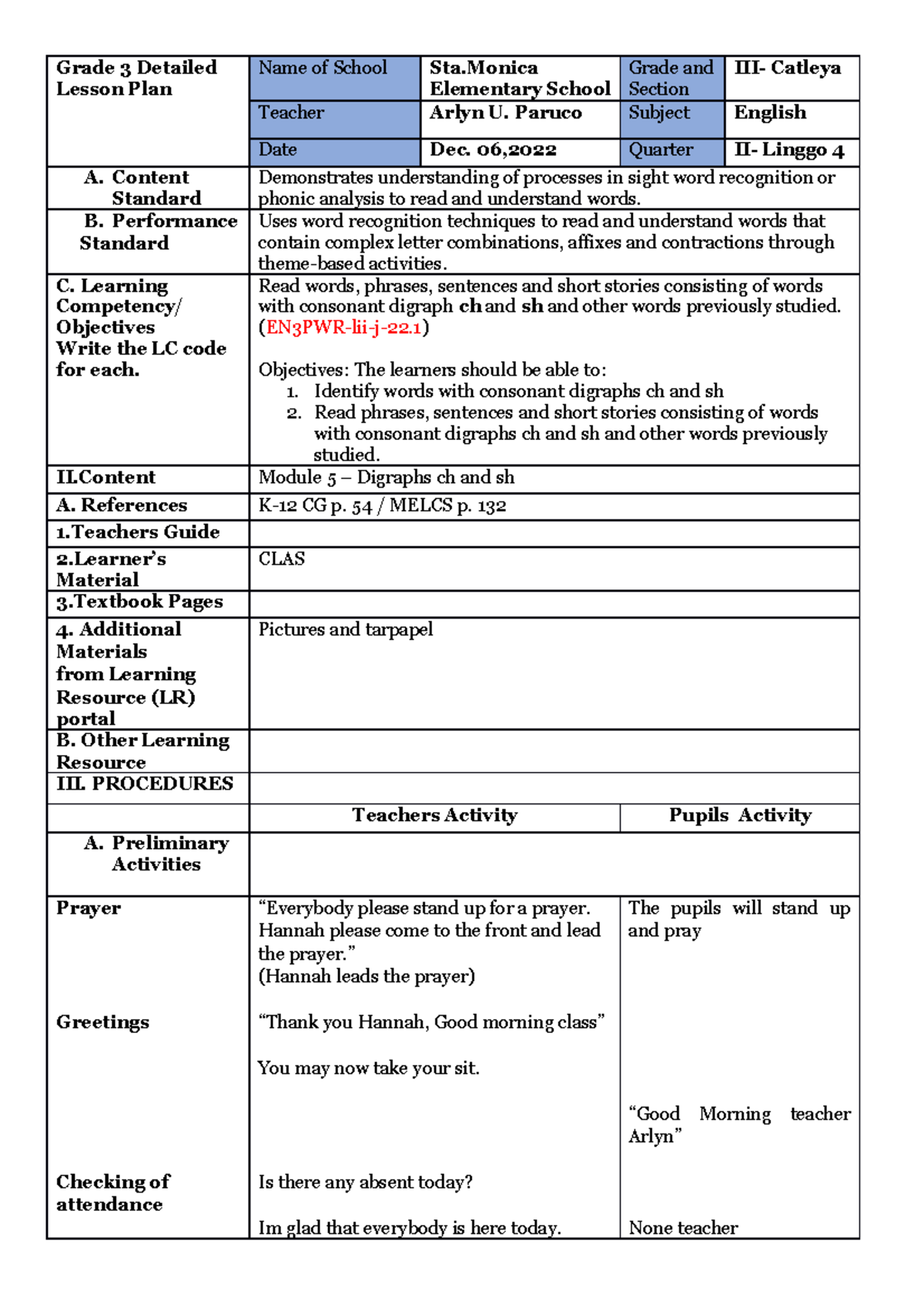 Grade 3 LP Digraph sh and ch - Grade 3 Detailed Lesson Plan Name of ...