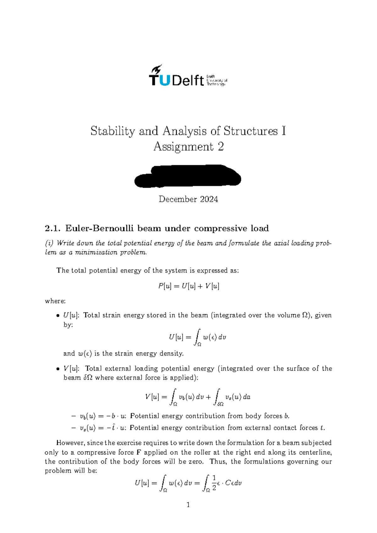 Assignment 2: Stability and Analysis of Structures I (SASI) - Studeersnel