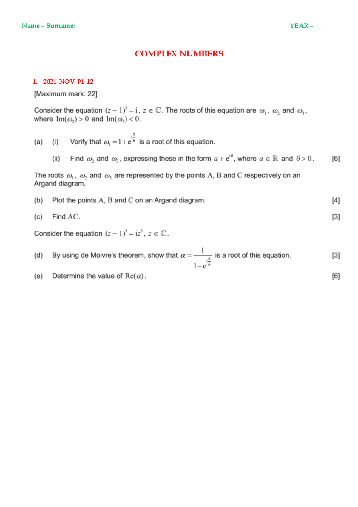 Complex Numbers 2020-2022 - Mathematics: Analysis and Approaches HL ...