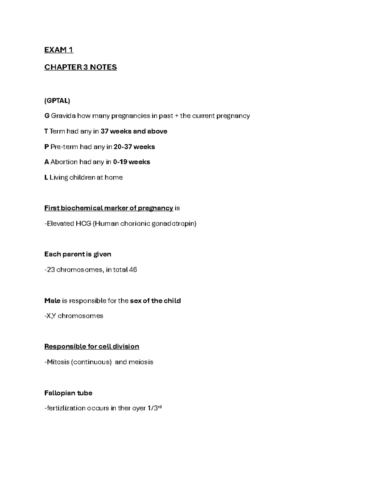 EXAM 1 CHAPTER 3 & 4 NOTES (GPTAL) OB Pregnancy Overview - Studocu