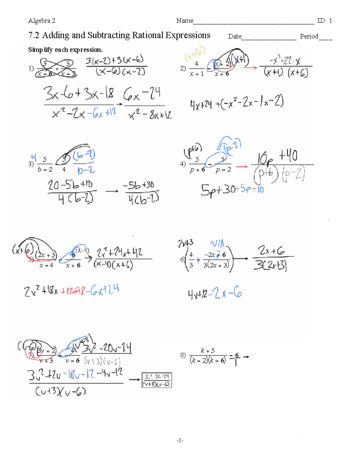Algebra 2: Adding and Subtracting Rational Expressions Worksheet - Studocu