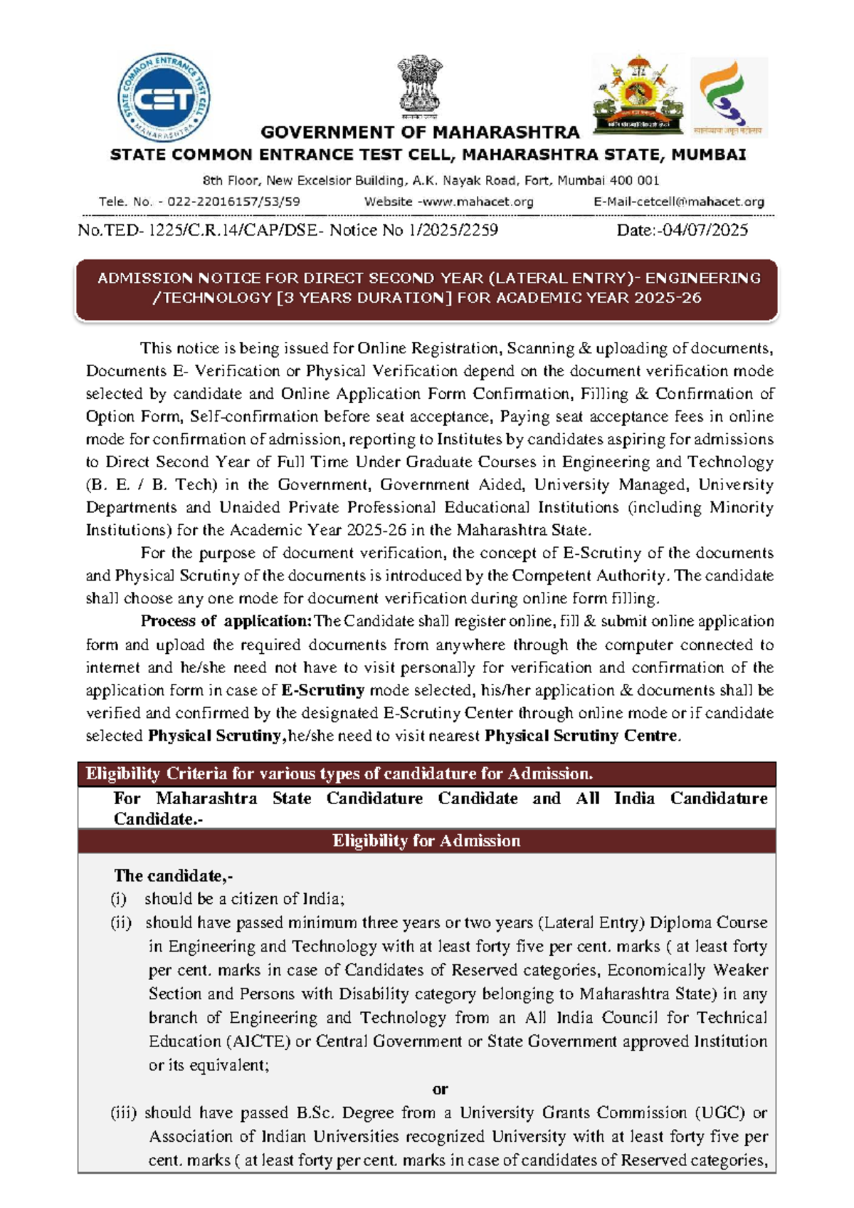 ADMISSION NOTICE: Direct Second Year Engineering (Lateral Entry) 2023 ...