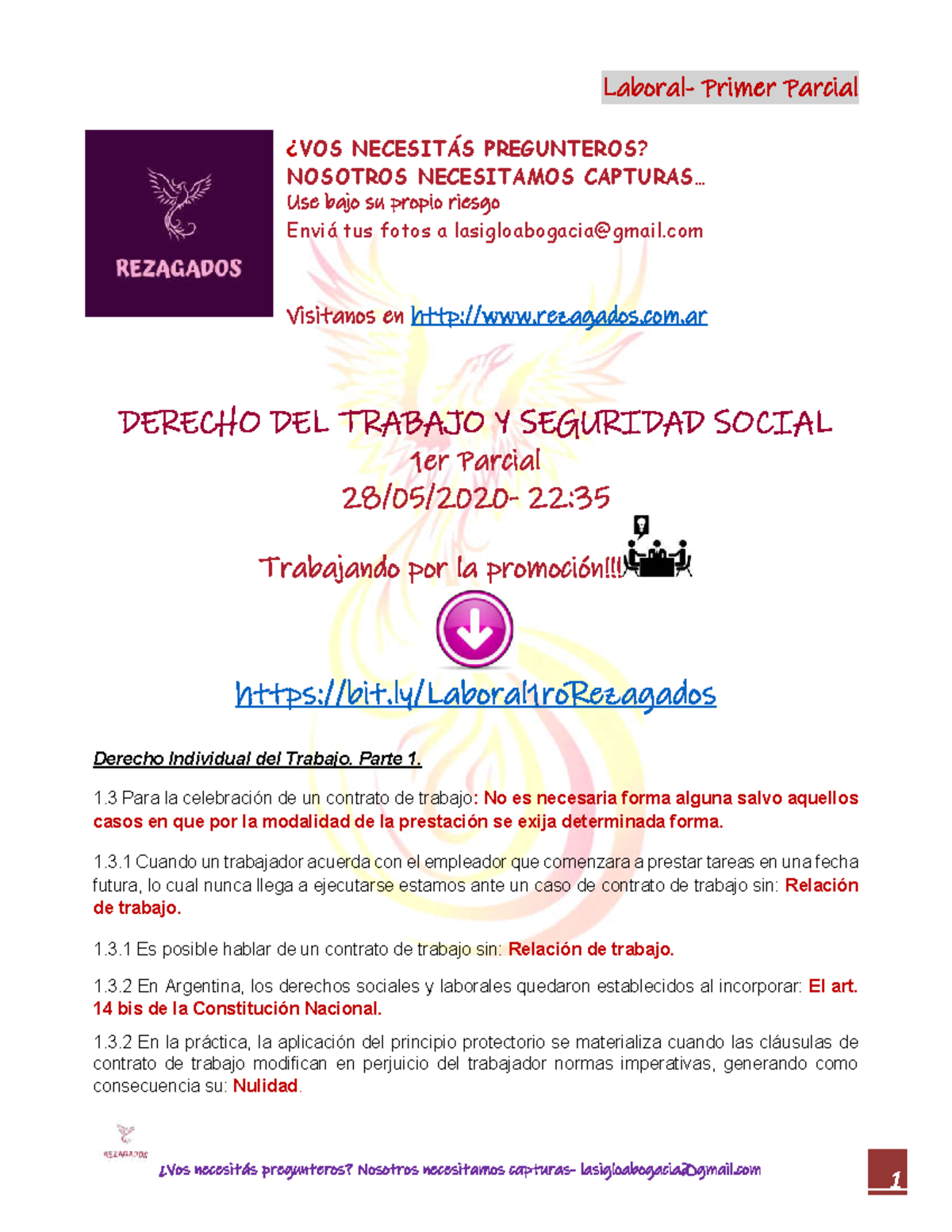 DERECHO DEL TRABAJO Y SEGURIDAD SOCIAL 1er Parcial - Resumen y ...