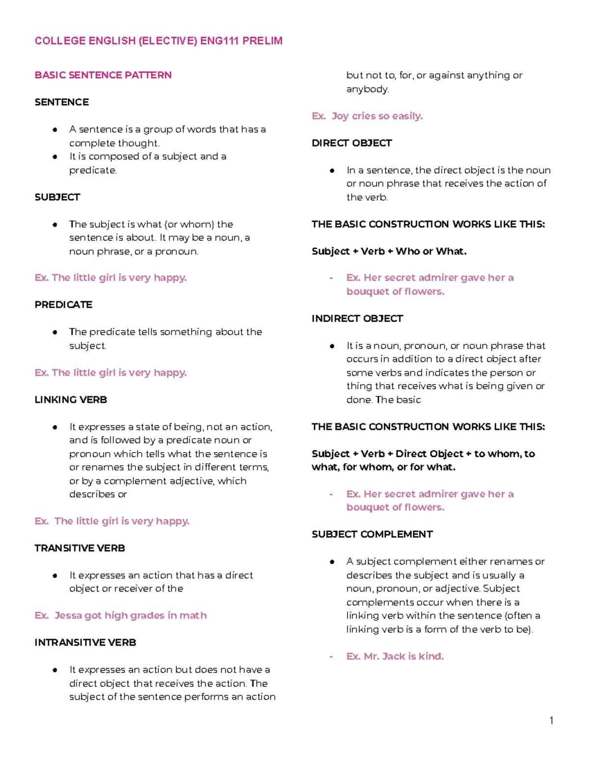 COLLEGE ENGLISH (ELECTIVE) PRELIM BASIC SENTENCE PATTERNS - Studocu