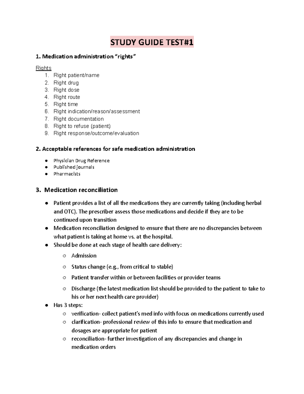Pharm 101 - Study Guide for Exam 1: Key Medication Concepts - Studocu