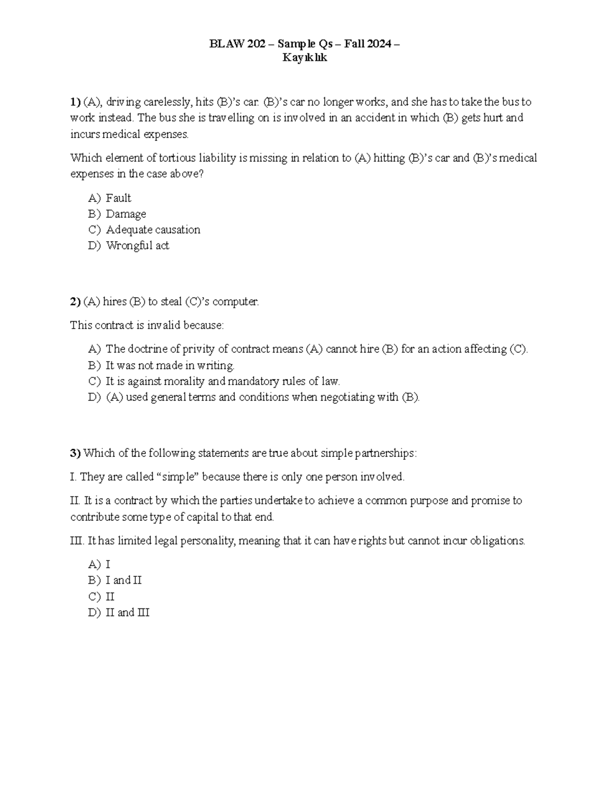 BLAW 202 Sample Questions - Fall 2024 Exam Prep - Studocu