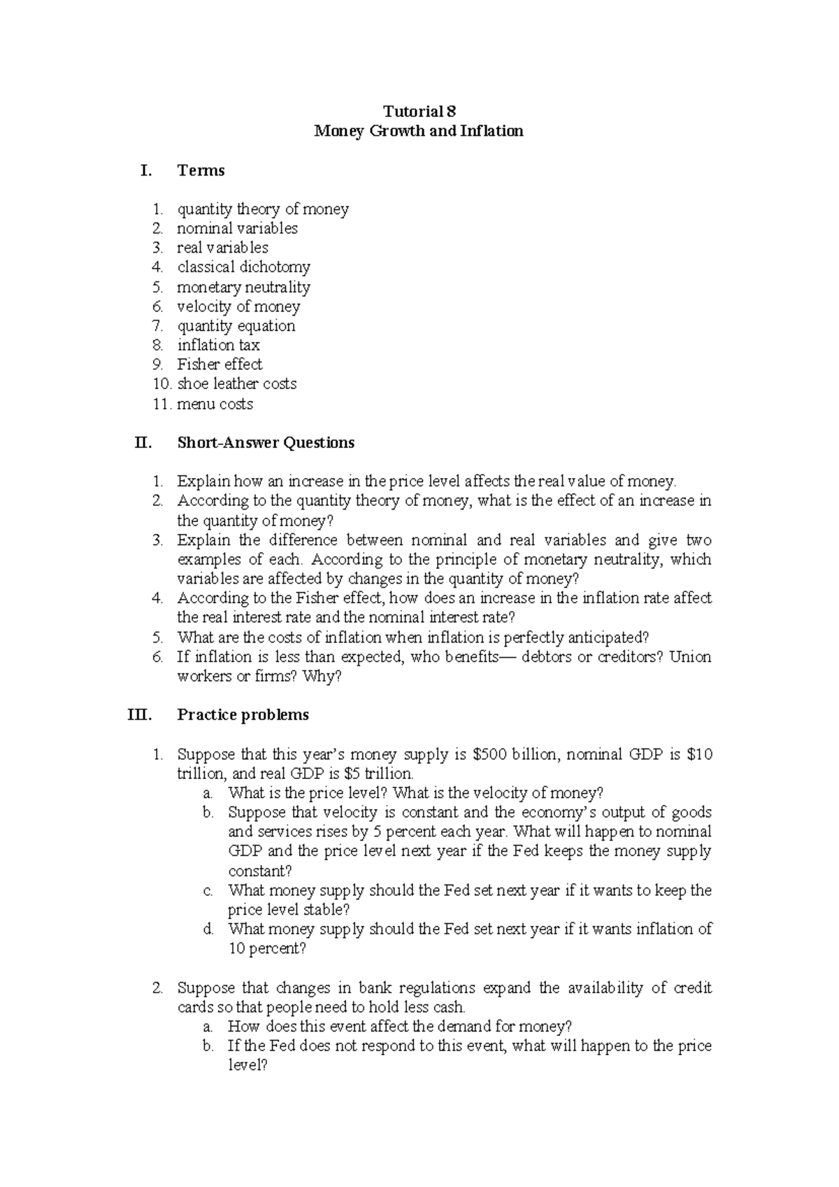 Money Growth and Inflation: Tutorial 8 Insights and Practice Questions ...
