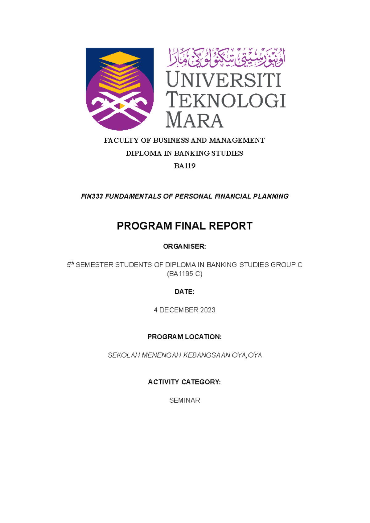 FIN333 Final Report: Seminar on Personal Financial Planning and Cyber ...