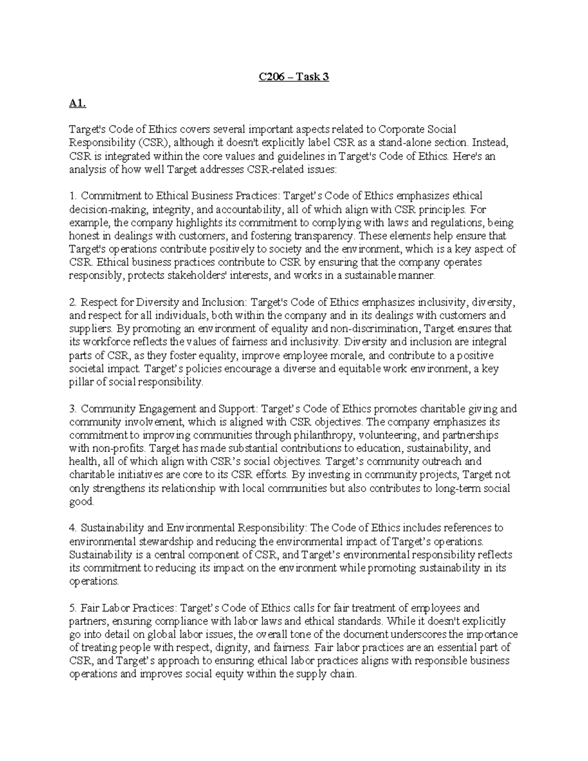 C206 Task 3 - Analysis of Target's Code of Ethics and CSR Integration ...