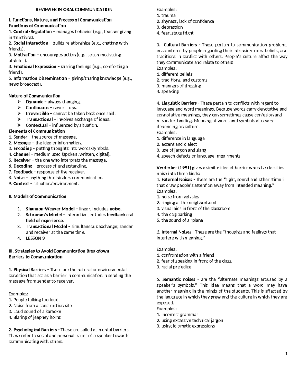 REVIEWER IN ORAL COMMUNICATION I: Functions and Strategies - Studocu