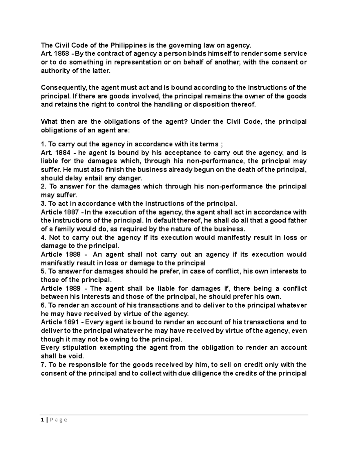 Lecture Notes on Agency Contracts (CIVIL CODE) - Studocu