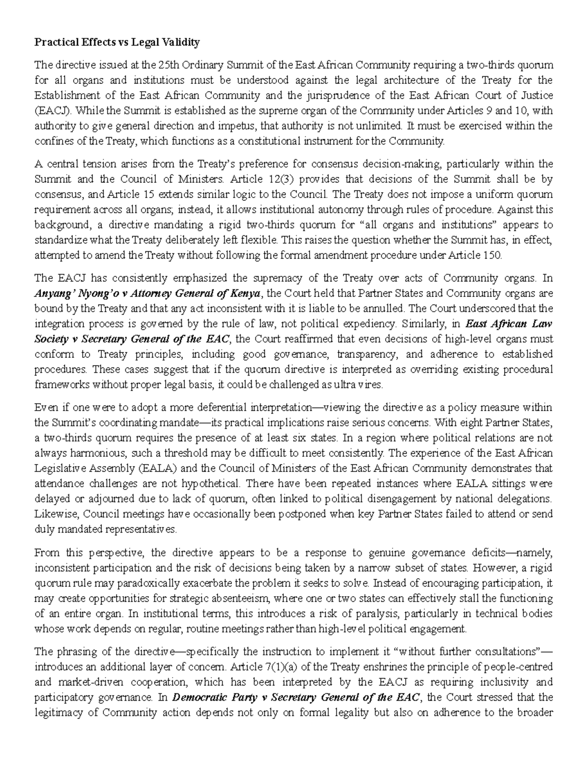EAC - NA: Quorum Directive and Its Legal Implications in EAC - Studocu