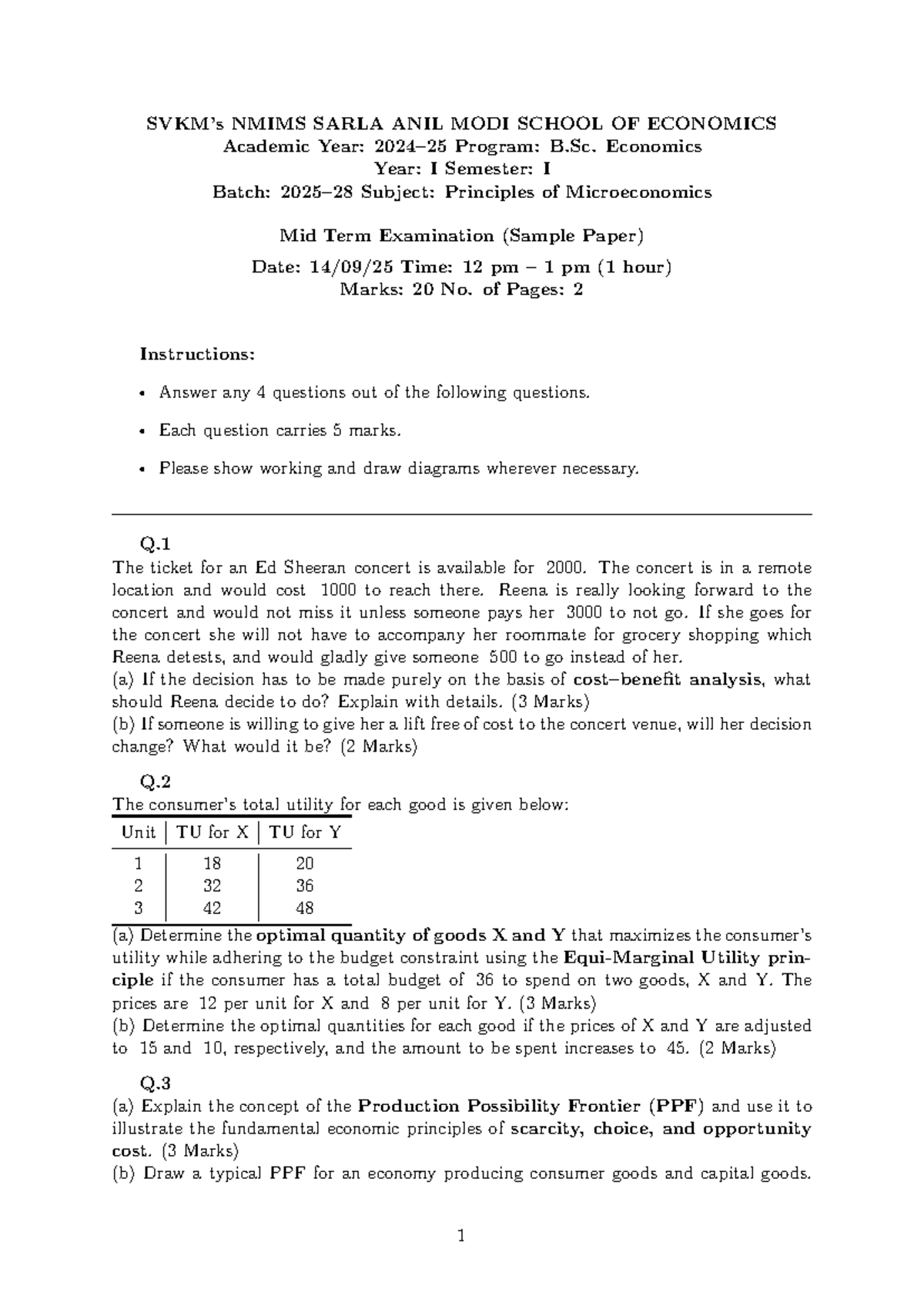 B.Sc. Economics I Sem: Principles of Microeconomics Midterm Sample ...