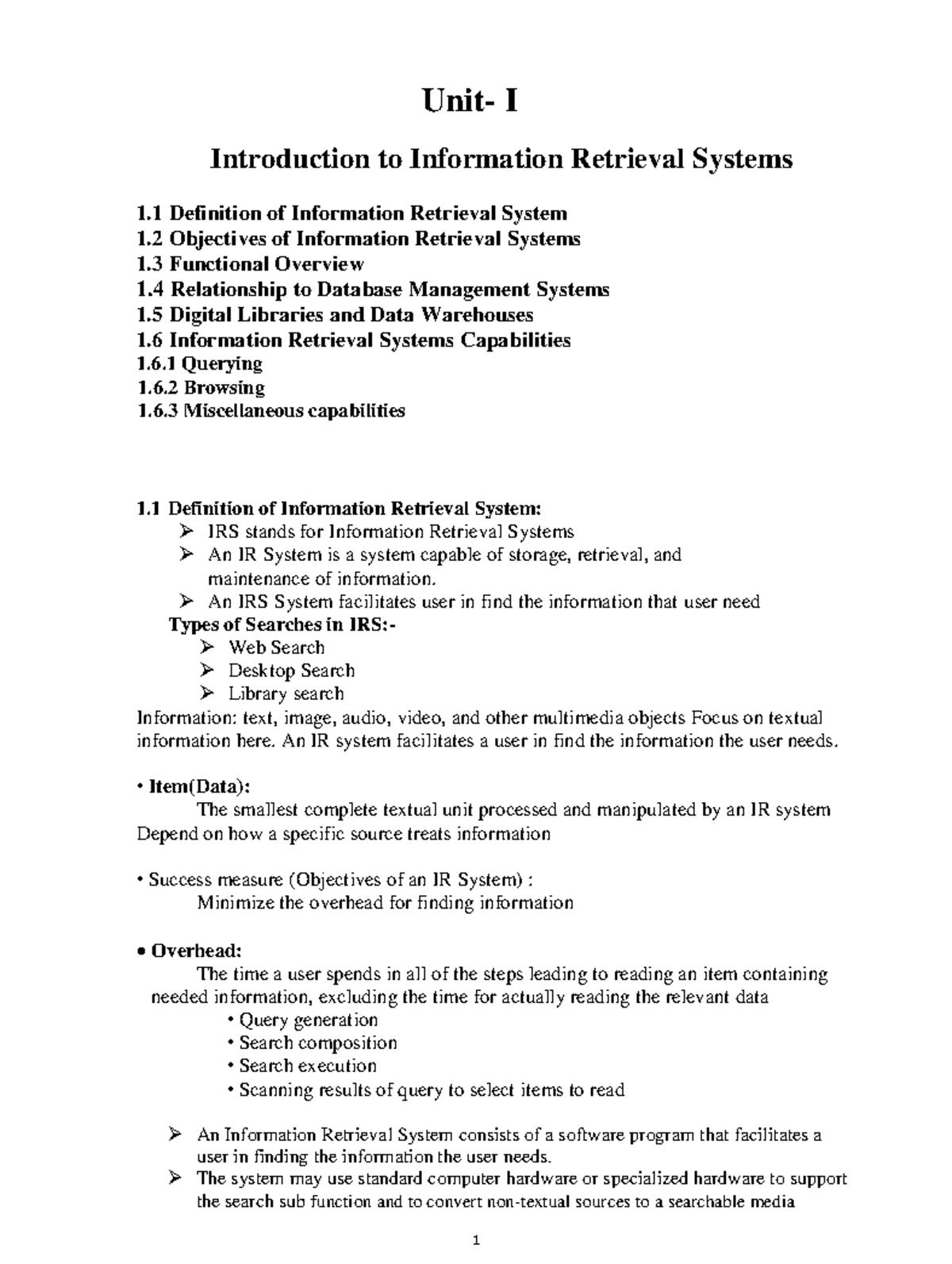 IRS Unit 1: Intro to Information Retrieval Systems Notes - Studocu