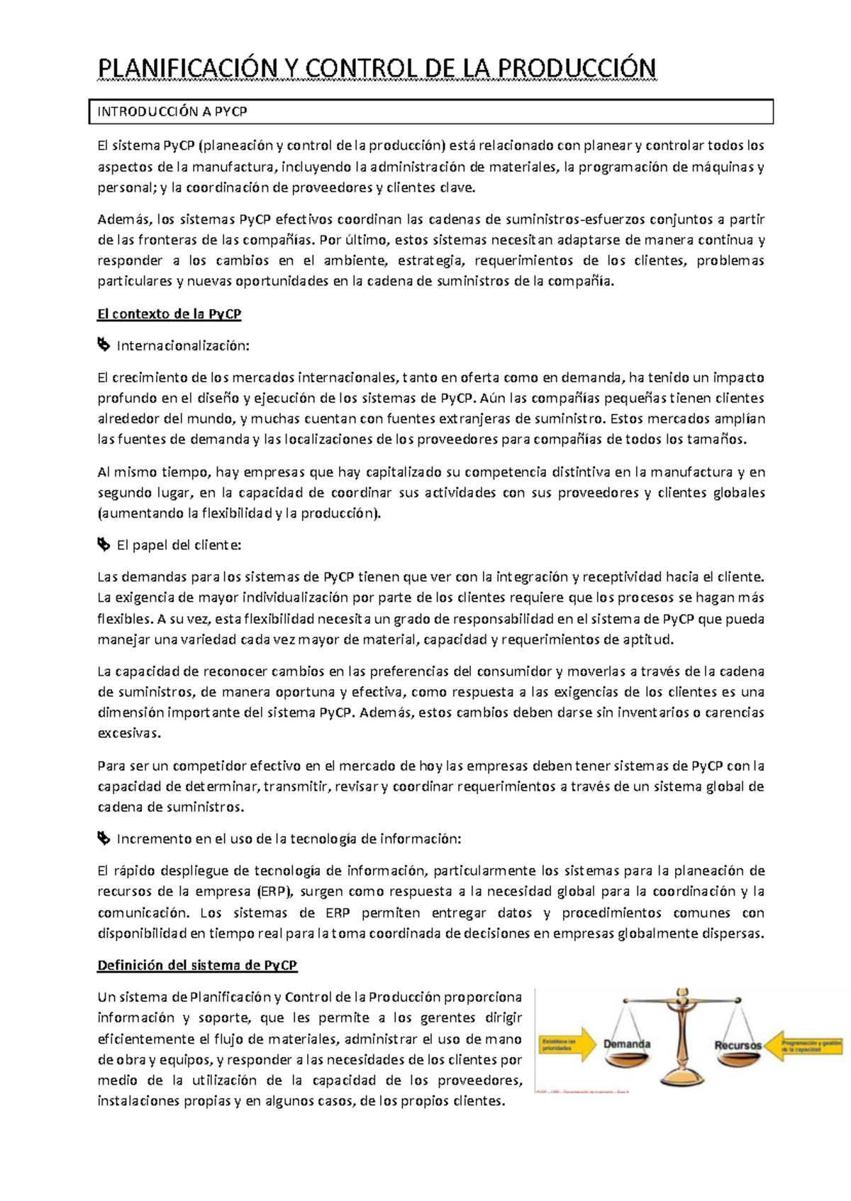 Resumen Completo: Planificación y Control de la Producción (PYCP) - Studocu