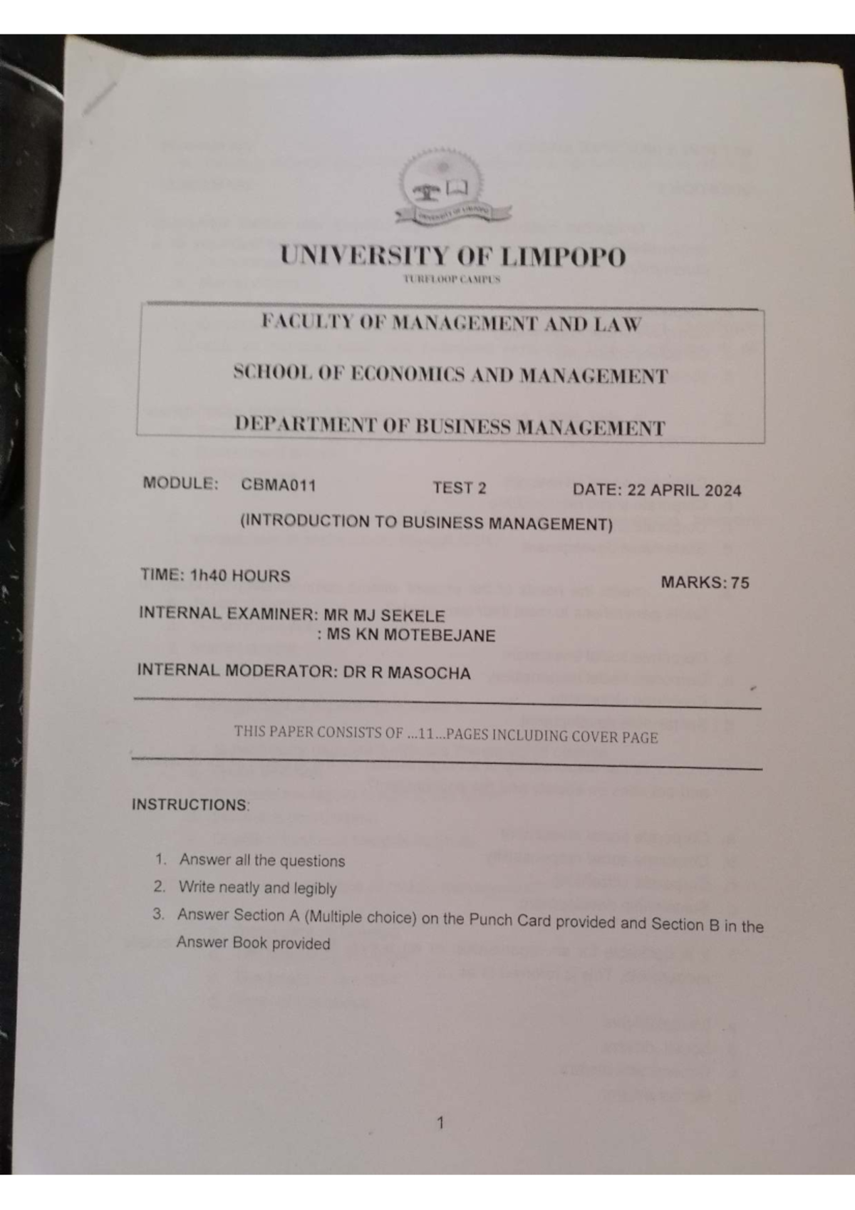 CBMAO011 Test 2: Introduction to Business Management - April 2024 - Studocu
