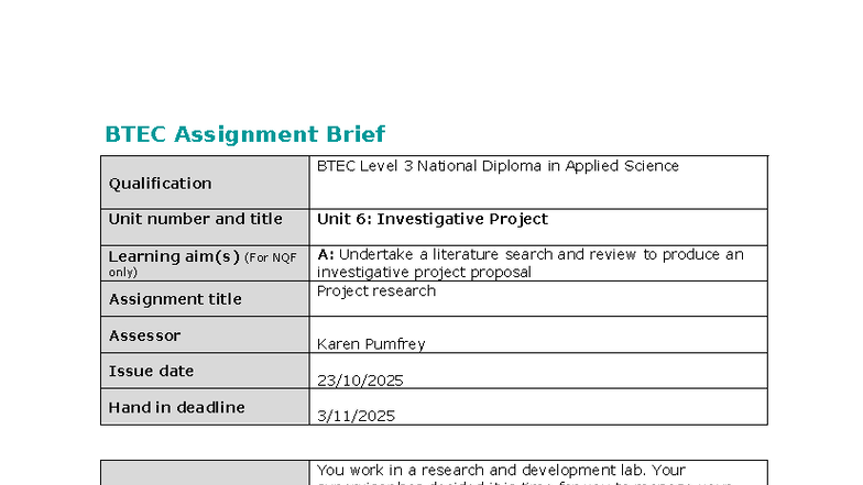 BTEC Level 3 Unit 6: Investigative Project Proposal Guide - Studocu