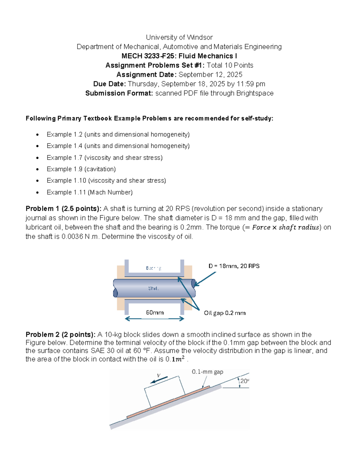 MECH 1010 Fluid Mechanics I Assignment Problems Set (Due Sept 18, 2025 ...