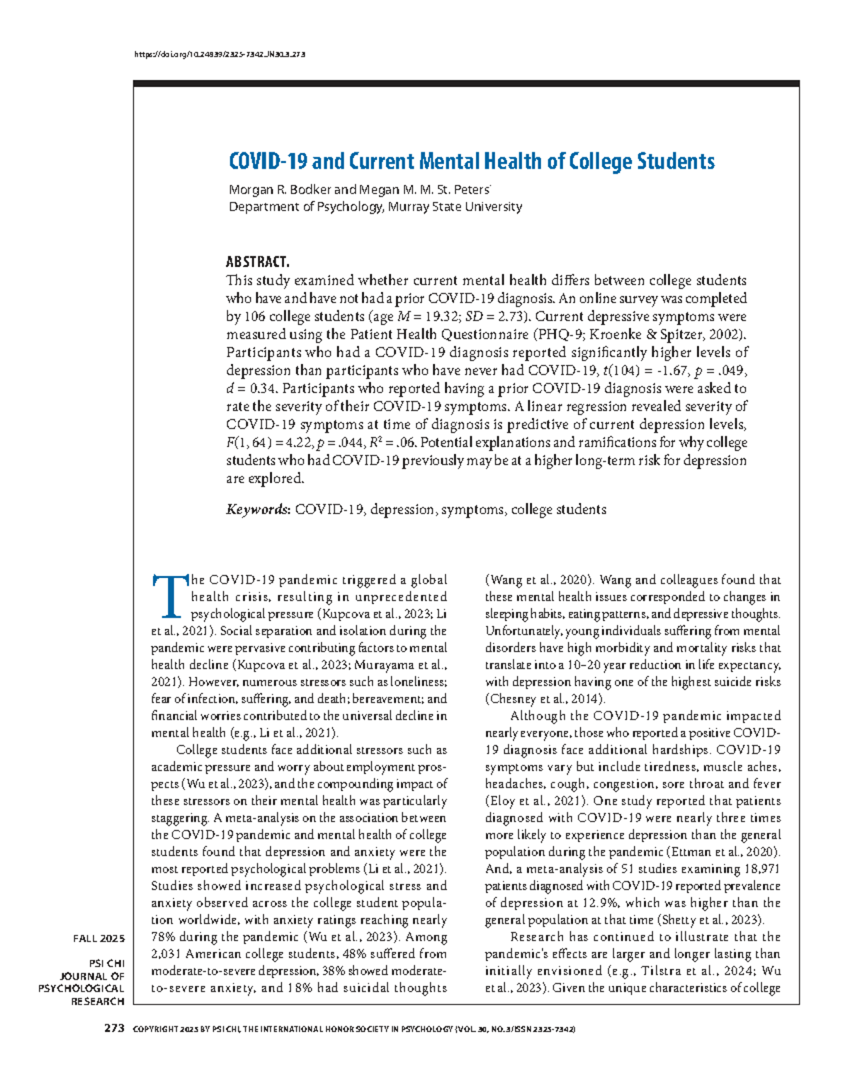 PSY 2025: Impact of COVID-19 on College Students' Mental Health - Studocu