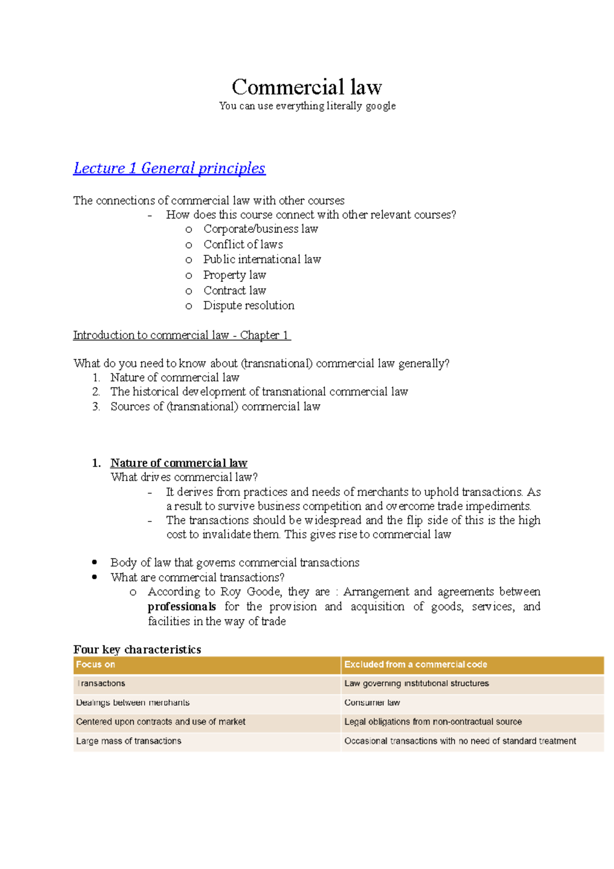 Lecture Notes on Commercial Law (Course Code: LAW101) - Studeersnel
