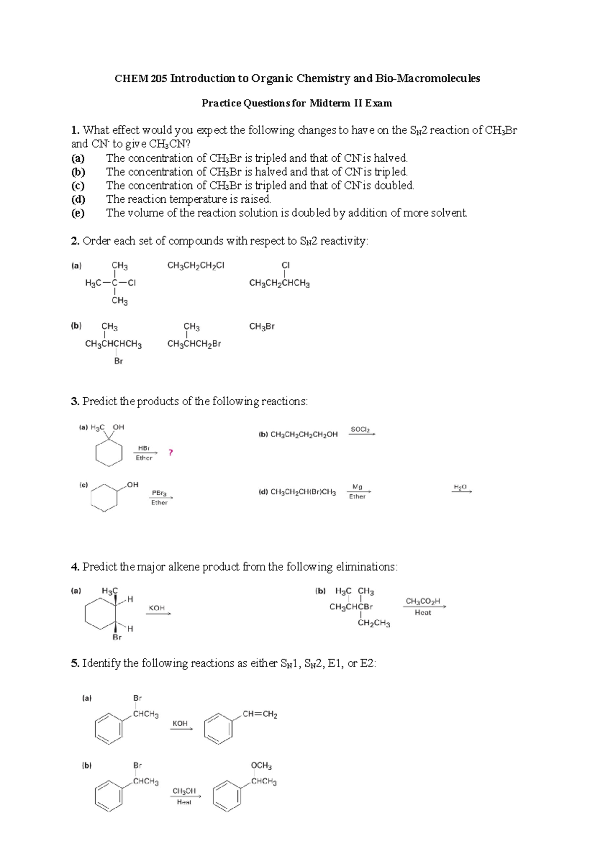 CHEM 205 Midterm II Exam Practice Questions on SN2 Reactions and More ...