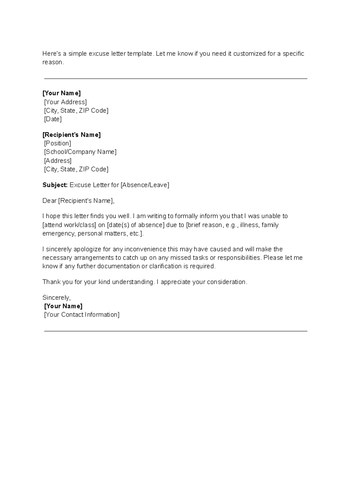 Excuse letter 123 - Here’s a simple excuse letter template. Let me know ...