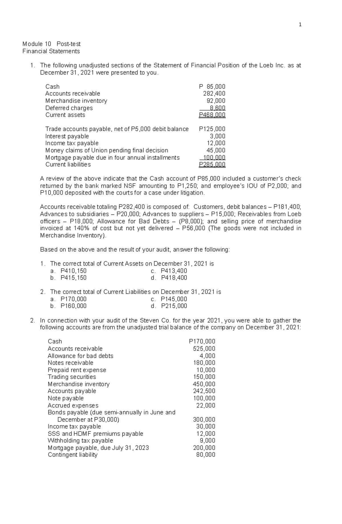 Module 10 Post-Test: Analyzing Financial Statements for Auditors - Studocu