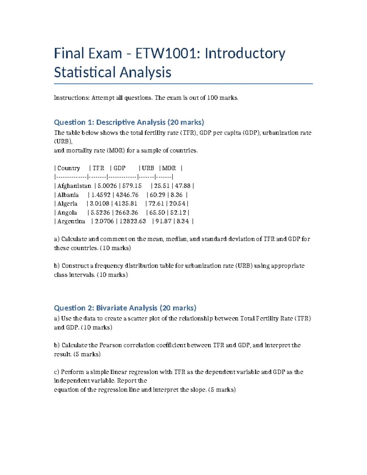 ETW1001 Final Exam - Statistical Analysis Past Year Paper - Studocu