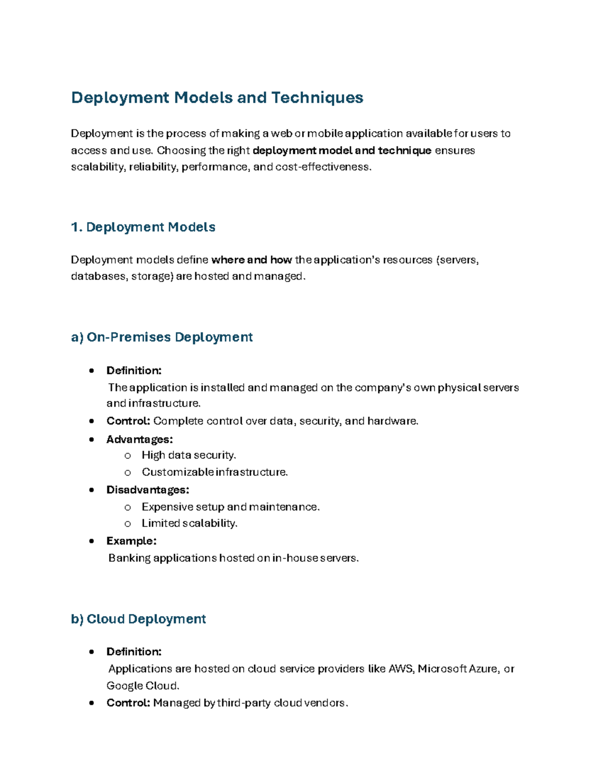 Deployment Models and Techniques for Web and Mobile Applications - Studocu
