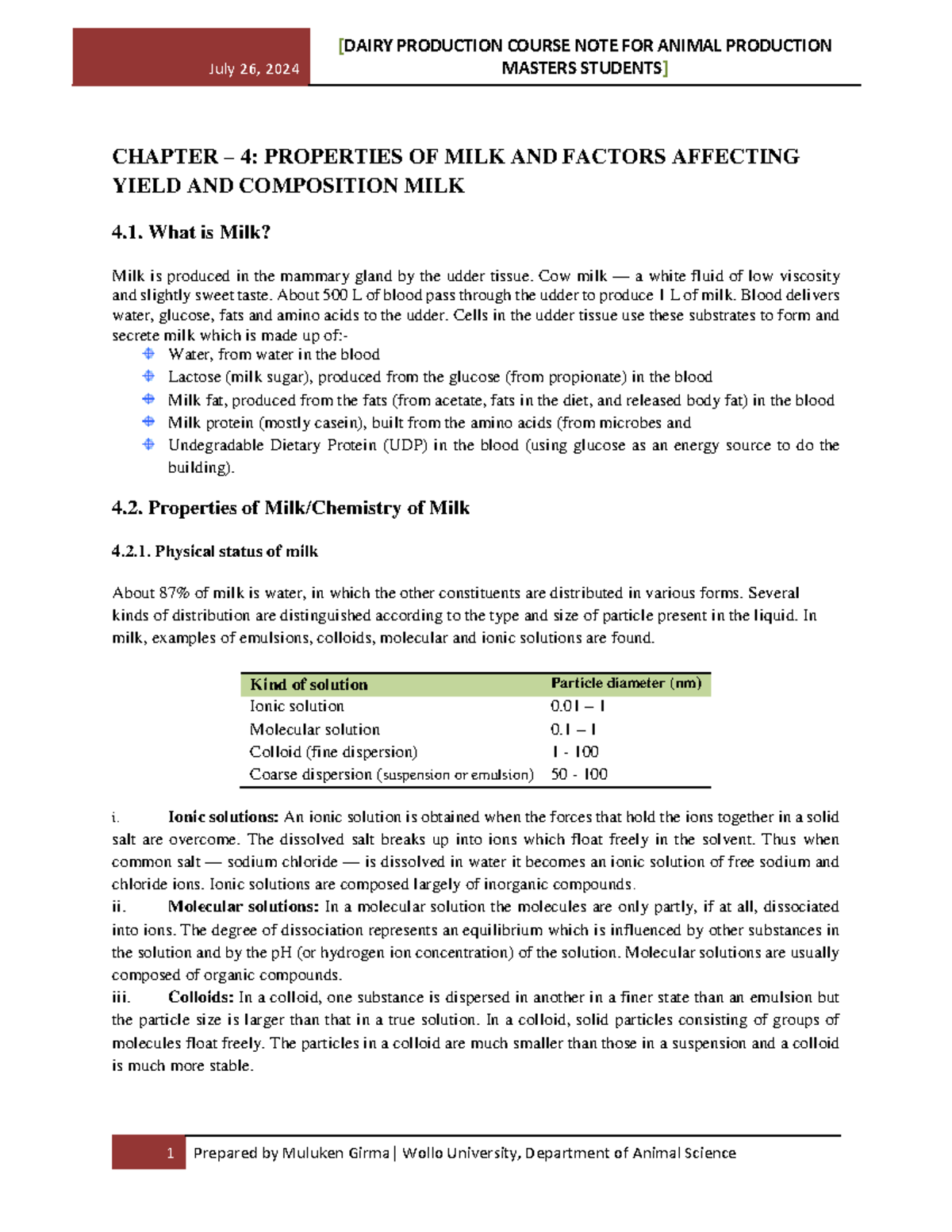 ANIMAL PRODUCTION MASTERS PRODUCTION COURSE NOTES: CHAPTER 4 - MILK ...