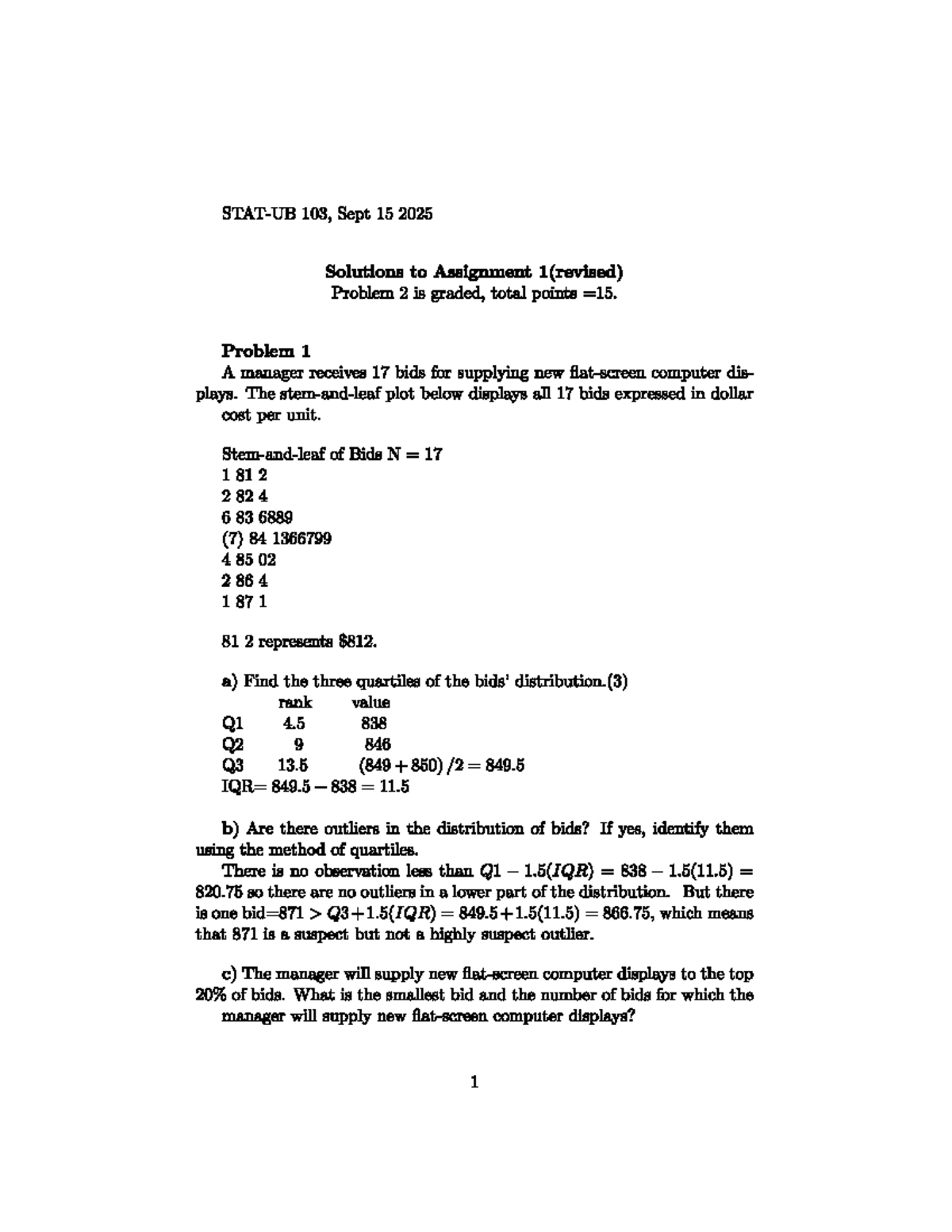 A1 Solutions F25: Analysis of Bids and AP Statistics Survey - Studocu