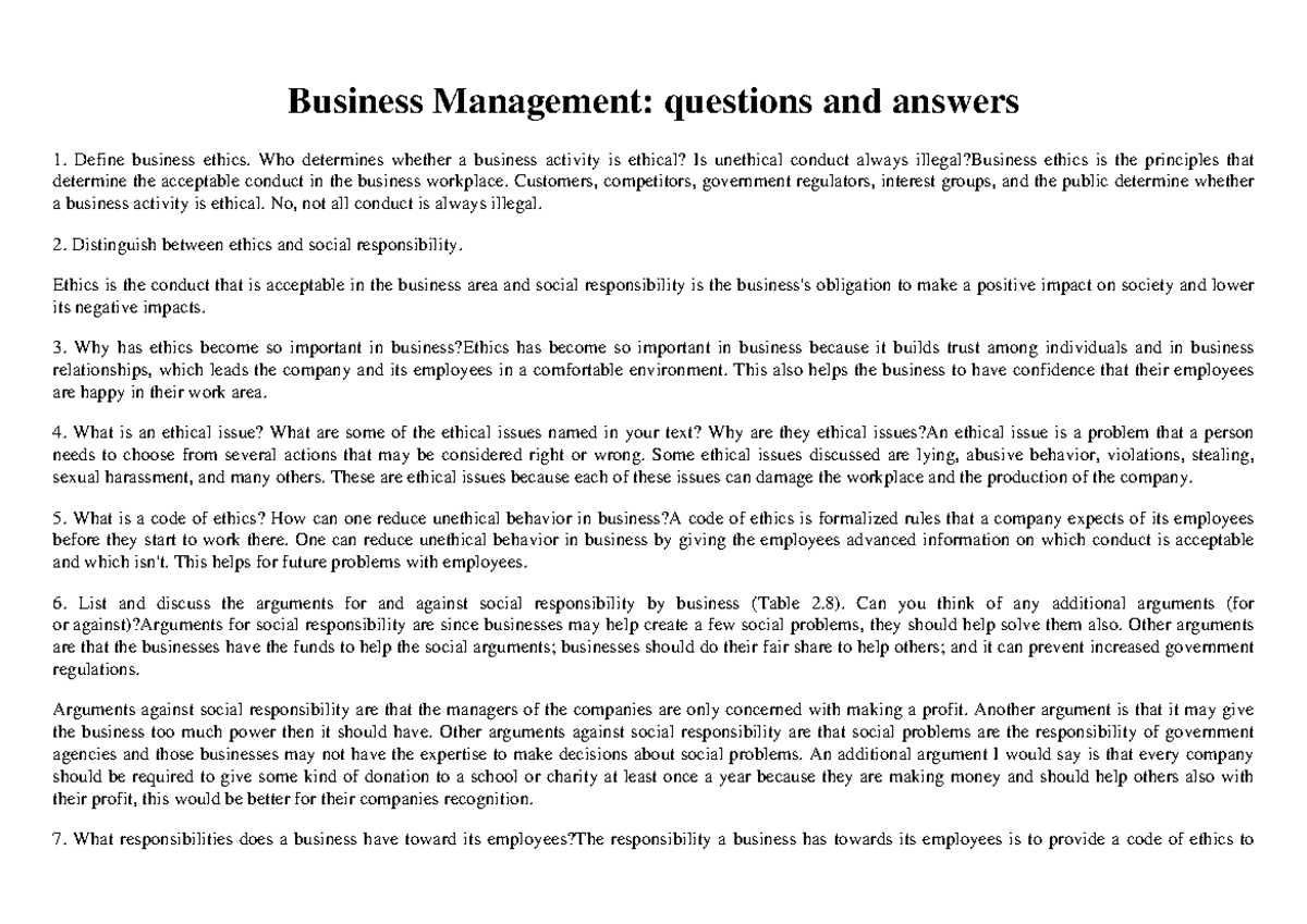 Business Management questions and answers - Business Management ...