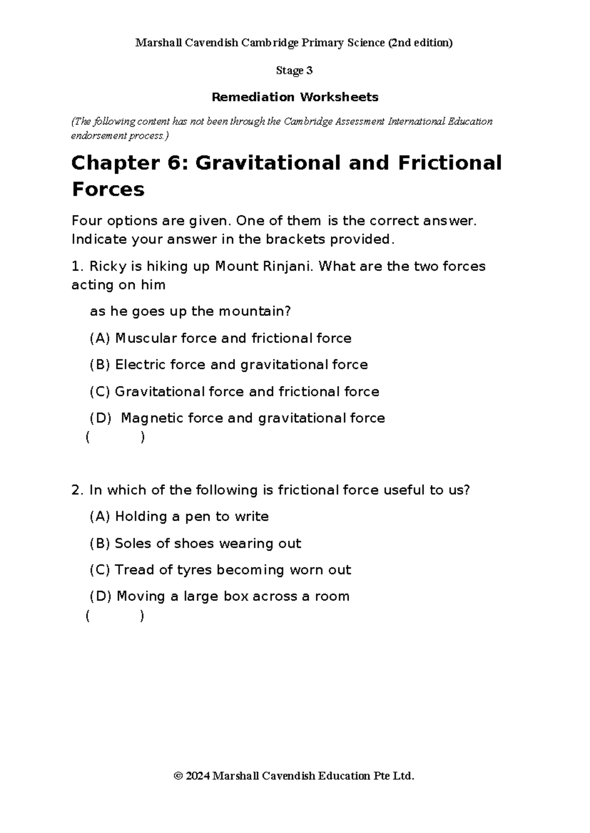 MCE Cambridge Primary Science 2E Stage 3 Remediation Worksheets C06 ...